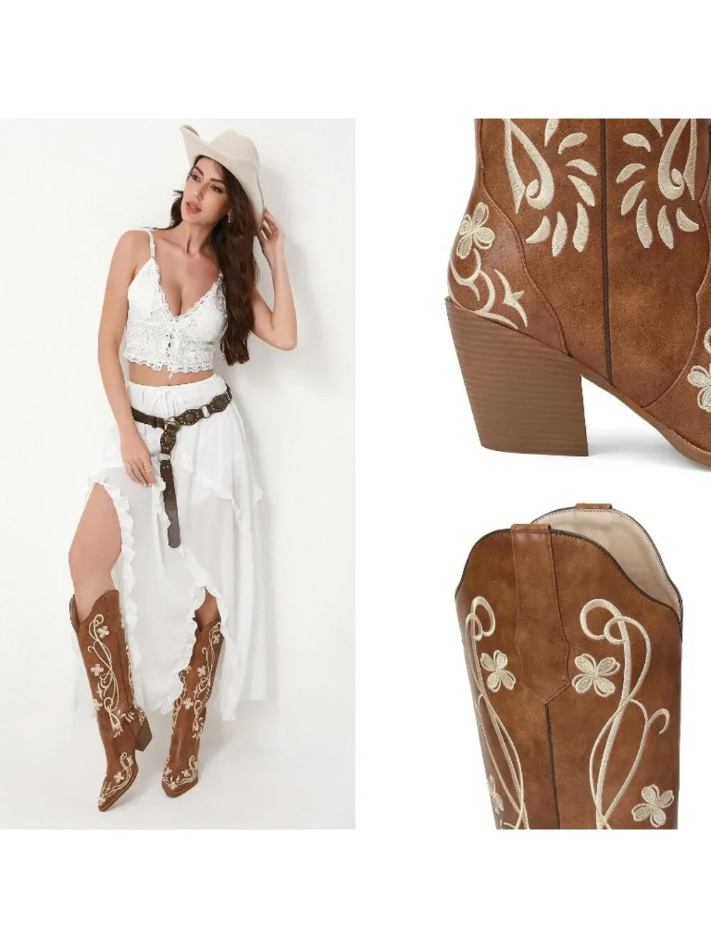 Women's Light Brown pu Knee High Floral Embroidered Vintage Cowgirl Boots